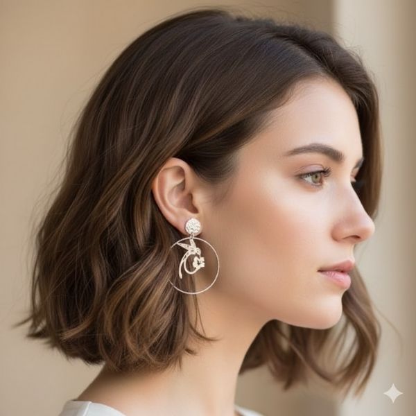 boucles d'oreille colibri fleur de tiaré argenté porté par une femme