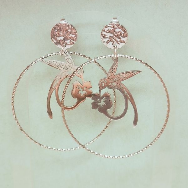 boucles d'oreille colibri fleur de tiaré argenté
