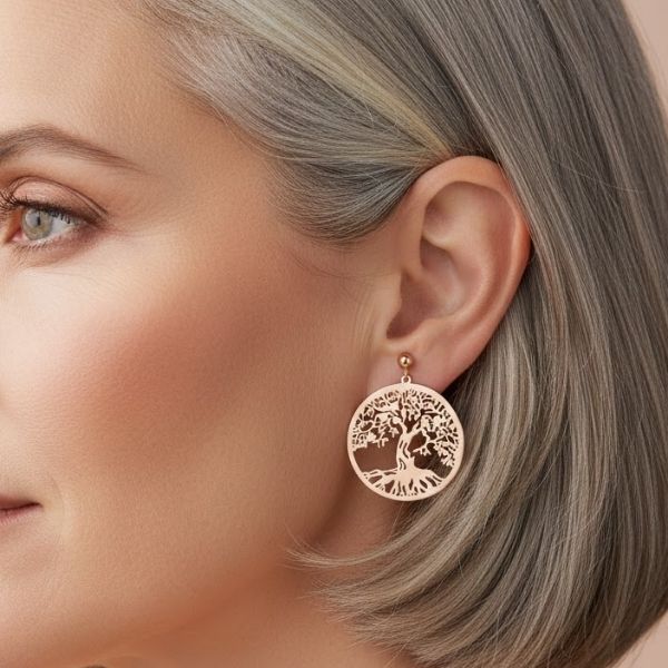 boucles d'oreille arbre de vie realiste porté par une femme au cheveux grisonnant