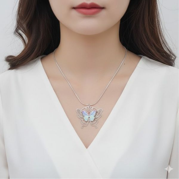 collier argent s925 portant au papillon en acier bleu porter par une femme