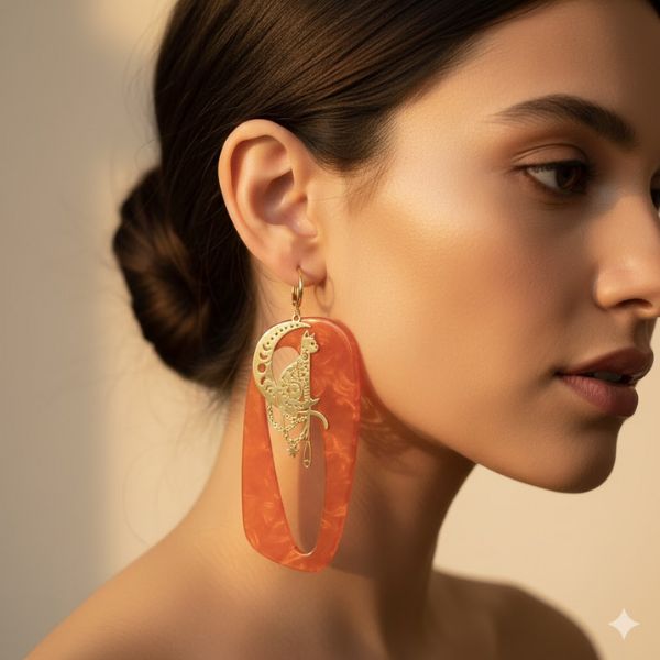 boucle oreille chat acier monter sur resine rouge et dormeuse porté par une femme brune