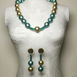 Parure collier et BO turquoise et dorée